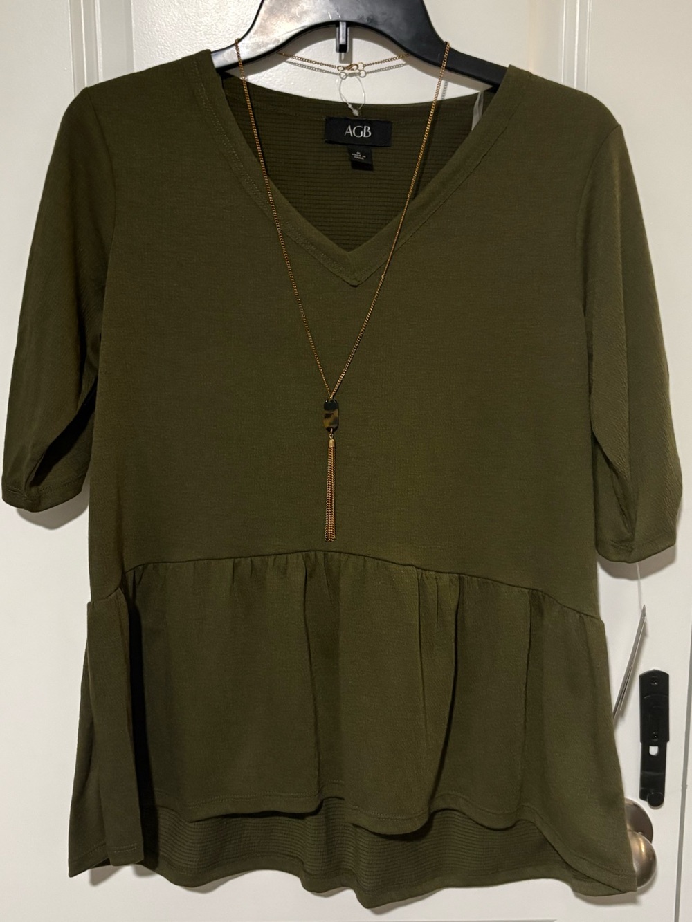 AGB Olive Green V-Neck Peplum Top Size S NWT